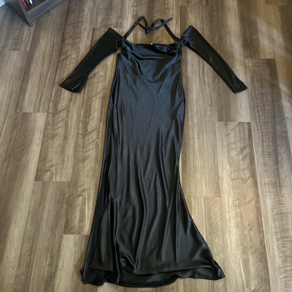 Oh Polly Black Satin Off-Shoulder Maxi Dress